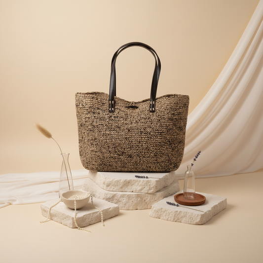 Sac Raphia Crocheté Bicolore - Bouton en Corne De Zébu