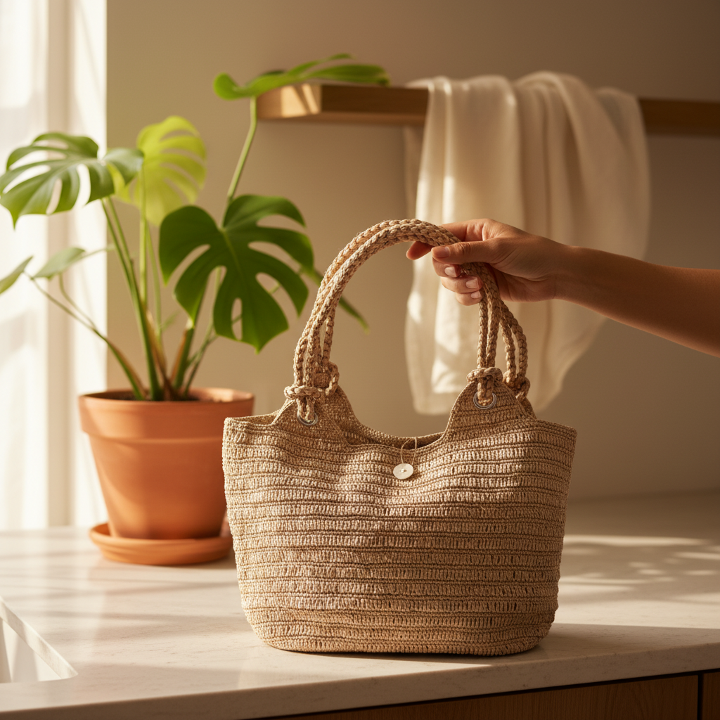 Sac Raphia Crocheté - Bouton en Nacre