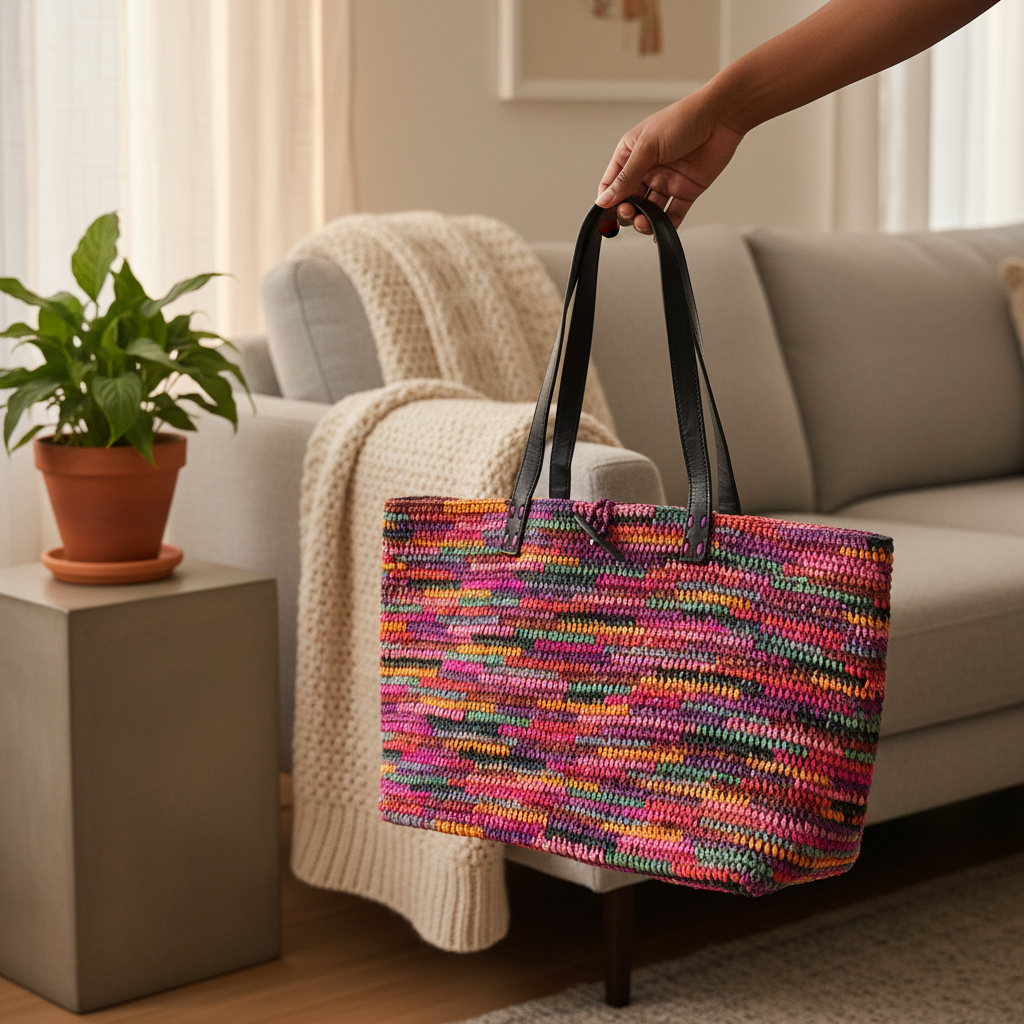 Sac Raphia Crocheté Multicolore - Bouton en Corne De Zébu
