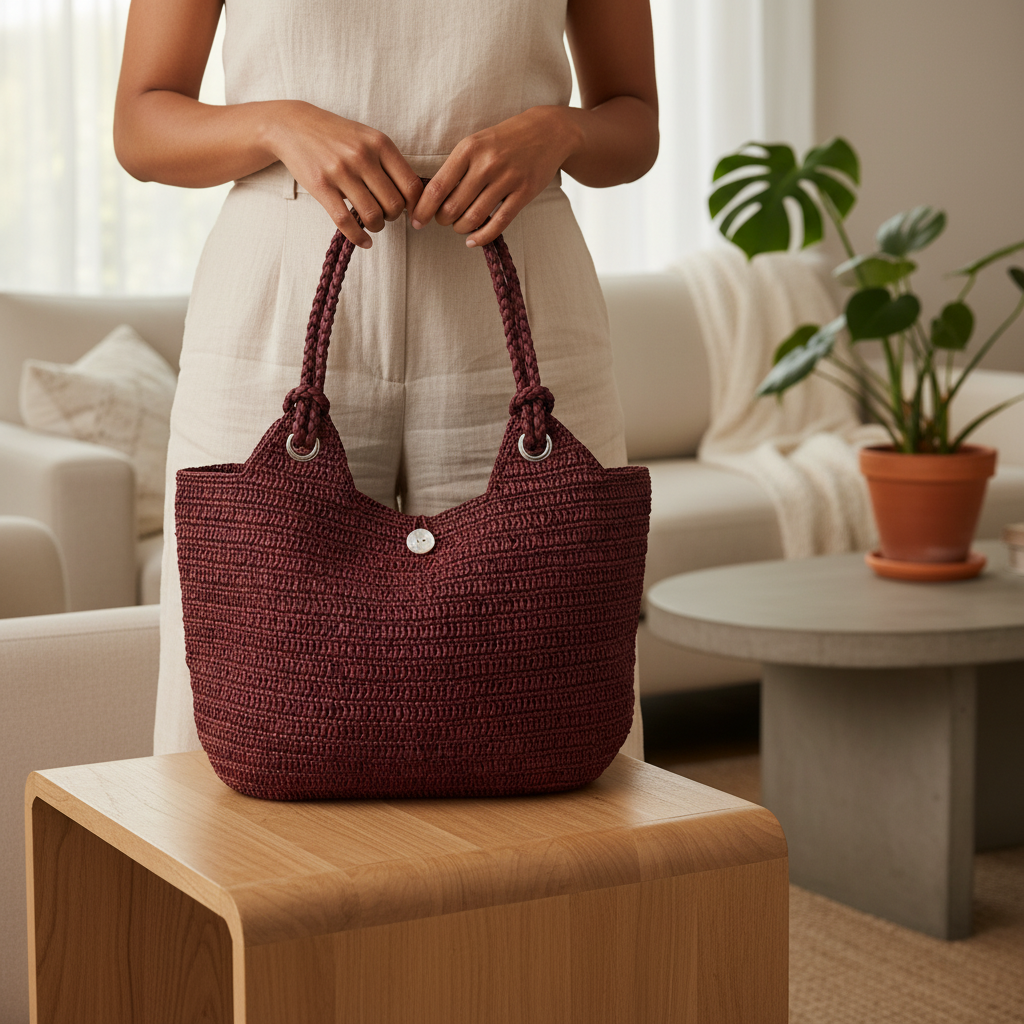 Sac Raphia Crocheté - Bouton en Nacre