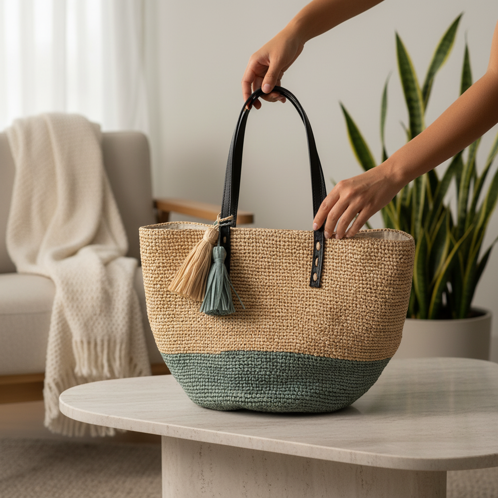 Sac Raphia Crocheté - Anses en Cuir De Zébu