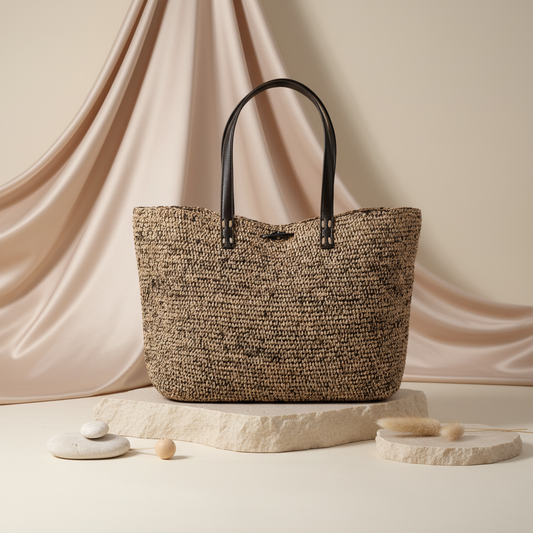 Sac Raphia Crocheté Bicolore - Bouton en Corne De Zébu