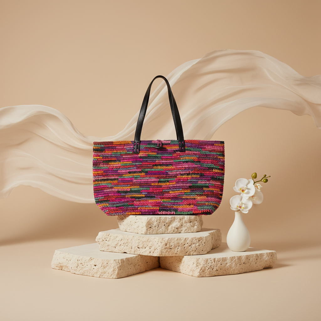Sac Raphia Crocheté Multicolore - Bouton en Corne De Zébu