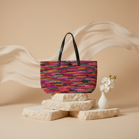 Sac Raphia Crocheté Multicolore - Bouton en Corne De Zébu