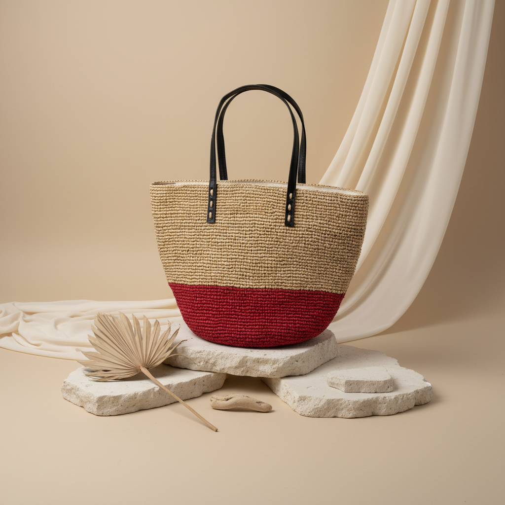 Sac Raphia Crocheté - Anses en Cuir De Zébu