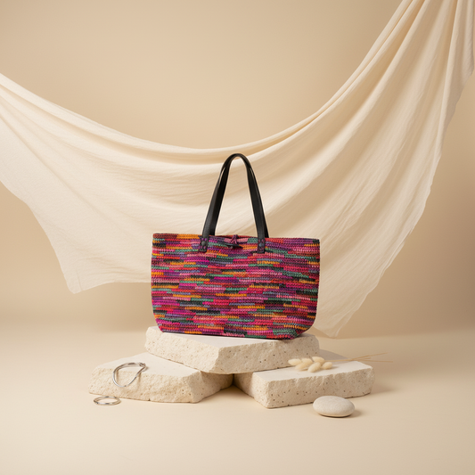 Sac Raphia Crocheté Multicolore - Bouton en Corne De Zébu