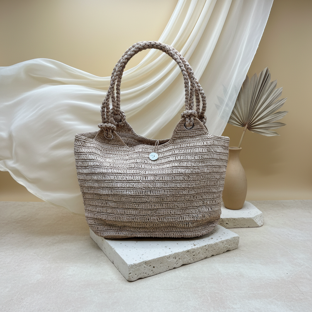 Sac Raphia Crocheté - Bouton en Nacre
