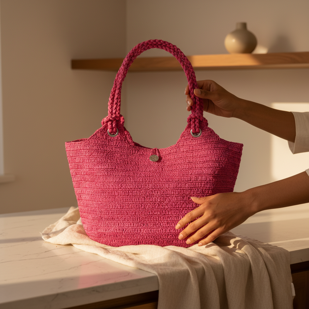 Sac Raphia Crocheté - Bouton en Nacre